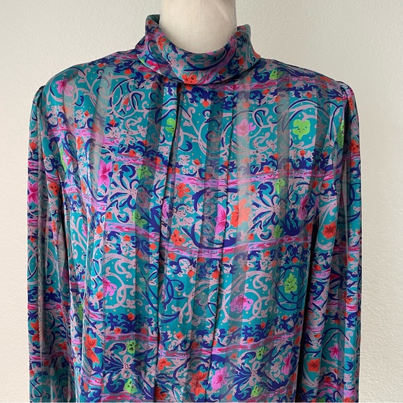 NICOLA AMAZING VINTAGE FLORAL MOCK NECK BUTTON DOWN BALOON SLEEVE BLOUSE TOP - Picture 14 of 16